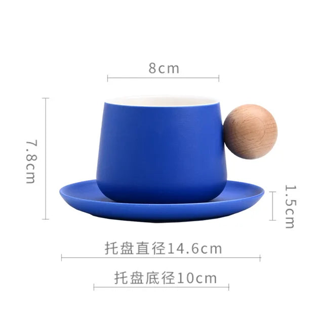 Ceramic Coffee Cup and Saucer Set Espresso Cups Light Luxury Wooden Handle Afternoon Tea Mug Female Original Mugs Couple Gifts
