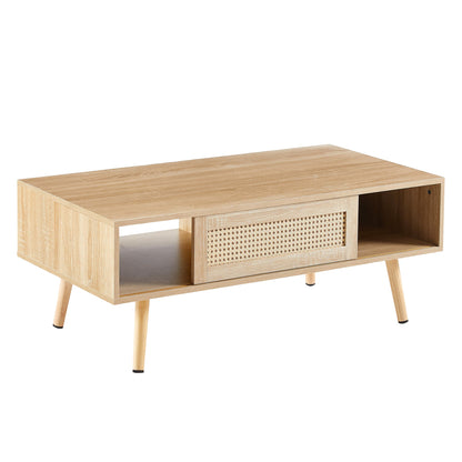41.34" Rattan Coffee table sliding door for storage solid wood legs Modern table for living room  natural