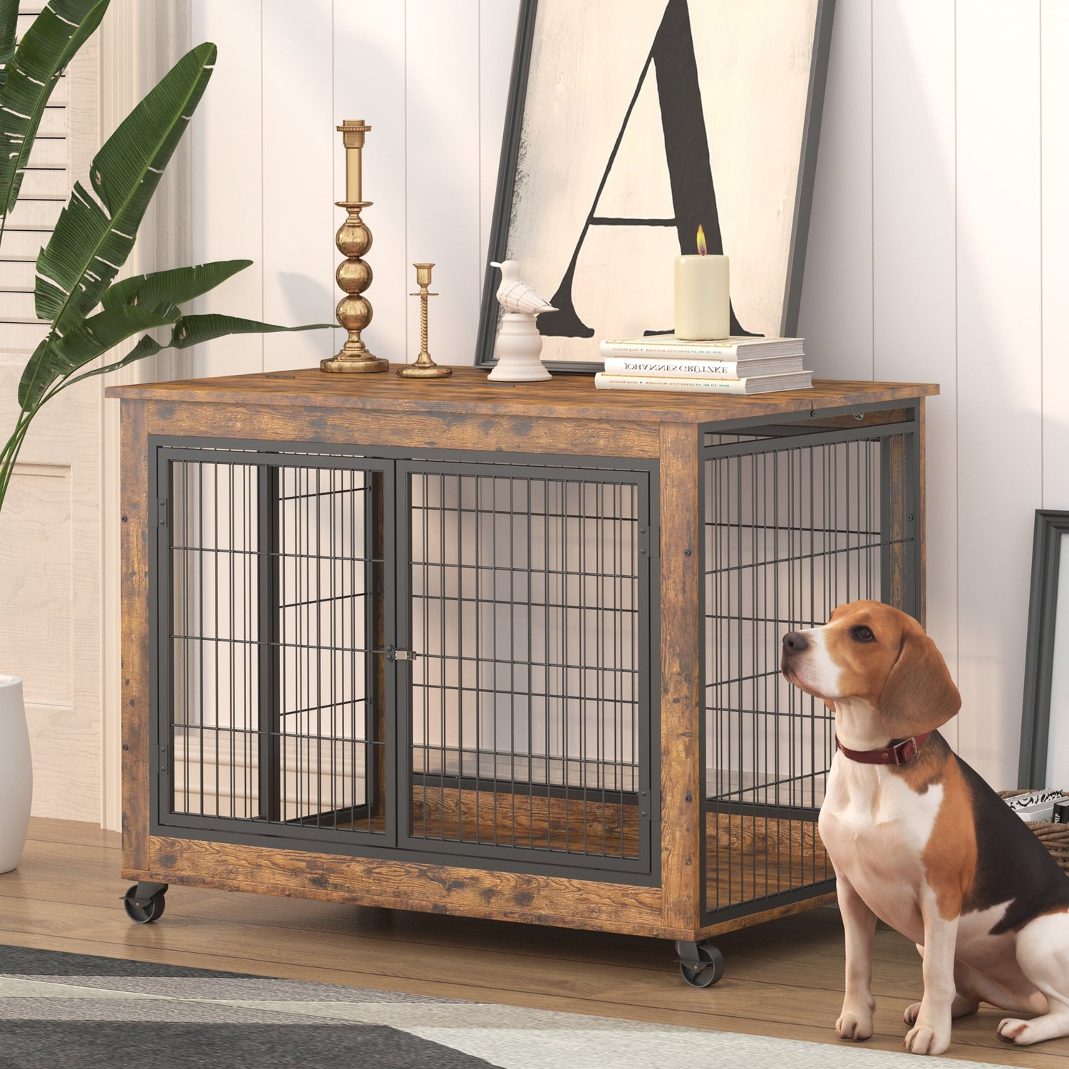 Furniture Dog Cage Crate with Double Doors, Rustic Brown, 38.58&