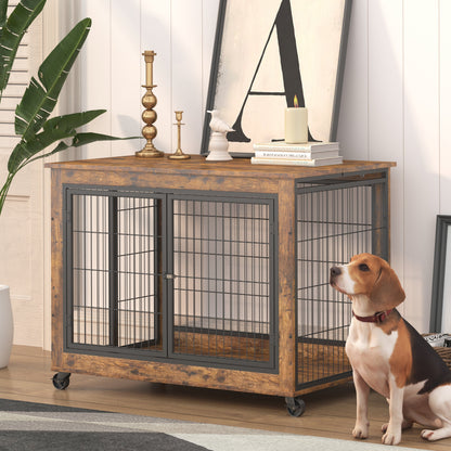 Furniture Dog Cage Crate with Double Doors, Rustic Brown, 38.58&