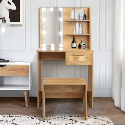 Vanity Desk Set Stool &amp; Dressing Table with LED Lighting Mirror Drawer and Wood Cosmetic Table Chest of Drawers Nature Color
