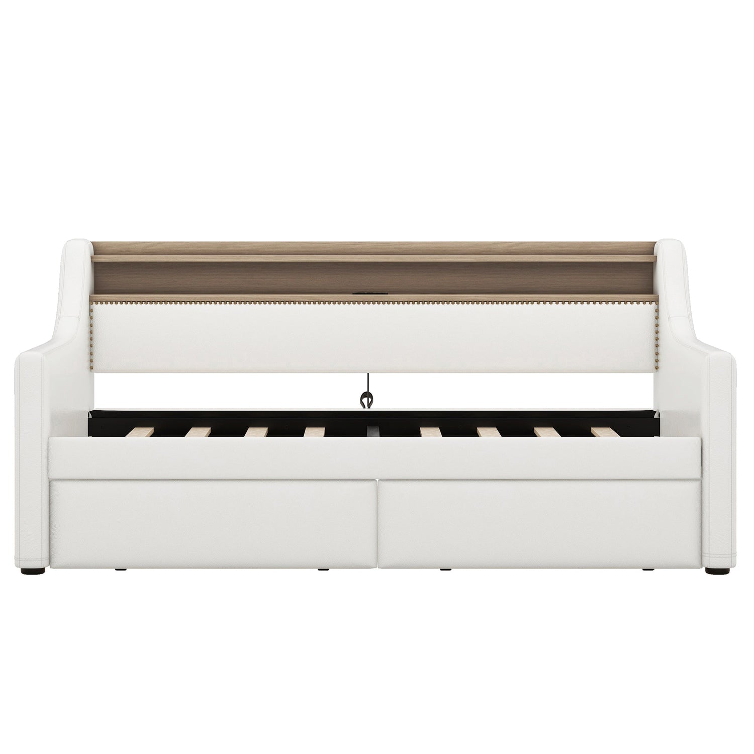 Twin Size Daybed with Drawers, Upholstered Daybed with Charging Station and LED Lights, White