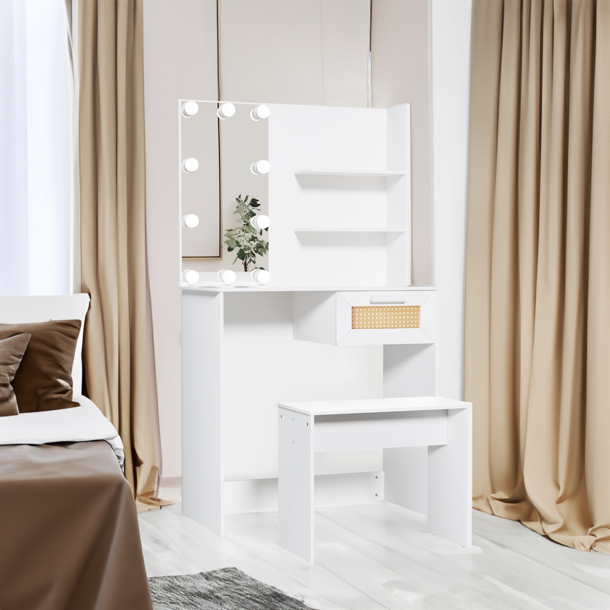 Vanity Desk Set Stool &amp; Dressing Table with LED Lighting Mirror Drawer and Wood Cosmetic Table Chest of Drawers White Color
