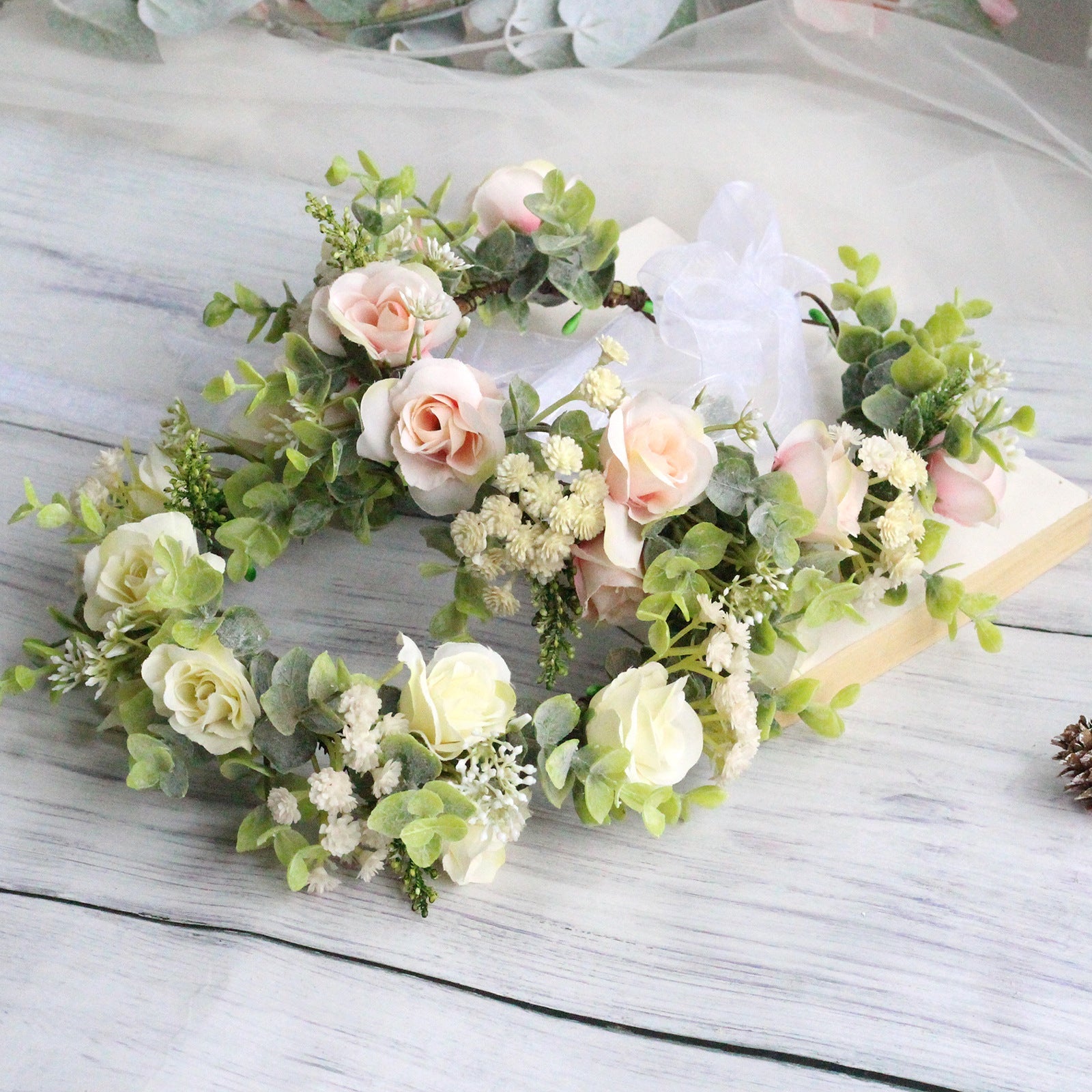 Forest style curled edge rose headband simulated starry sky flower wreath bride&