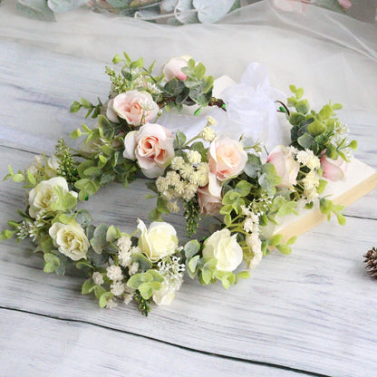Forest style curled edge rose headband simulated starry sky flower wreath bride&