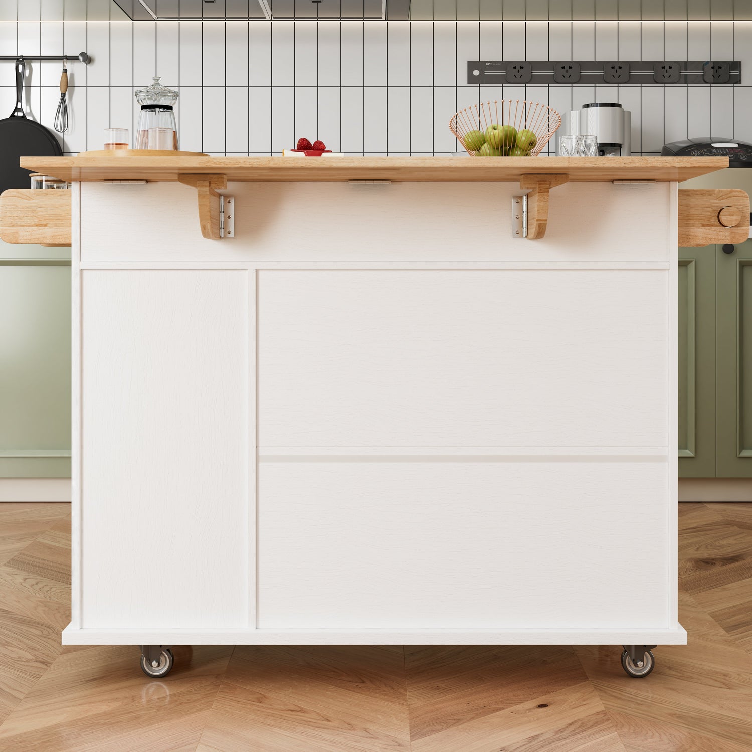 44 Inch Kitchen Island Cart with Solid Wood Top, Wine Storage, Spice Rack, Towel Rack, Wine Glass Holder White &amp; Oak