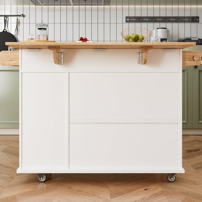 44 Inch Kitchen Island Cart with Solid Wood Top, Wine Storage, Spice Rack, Towel Rack, Wine Glass Holder White &amp; Oak