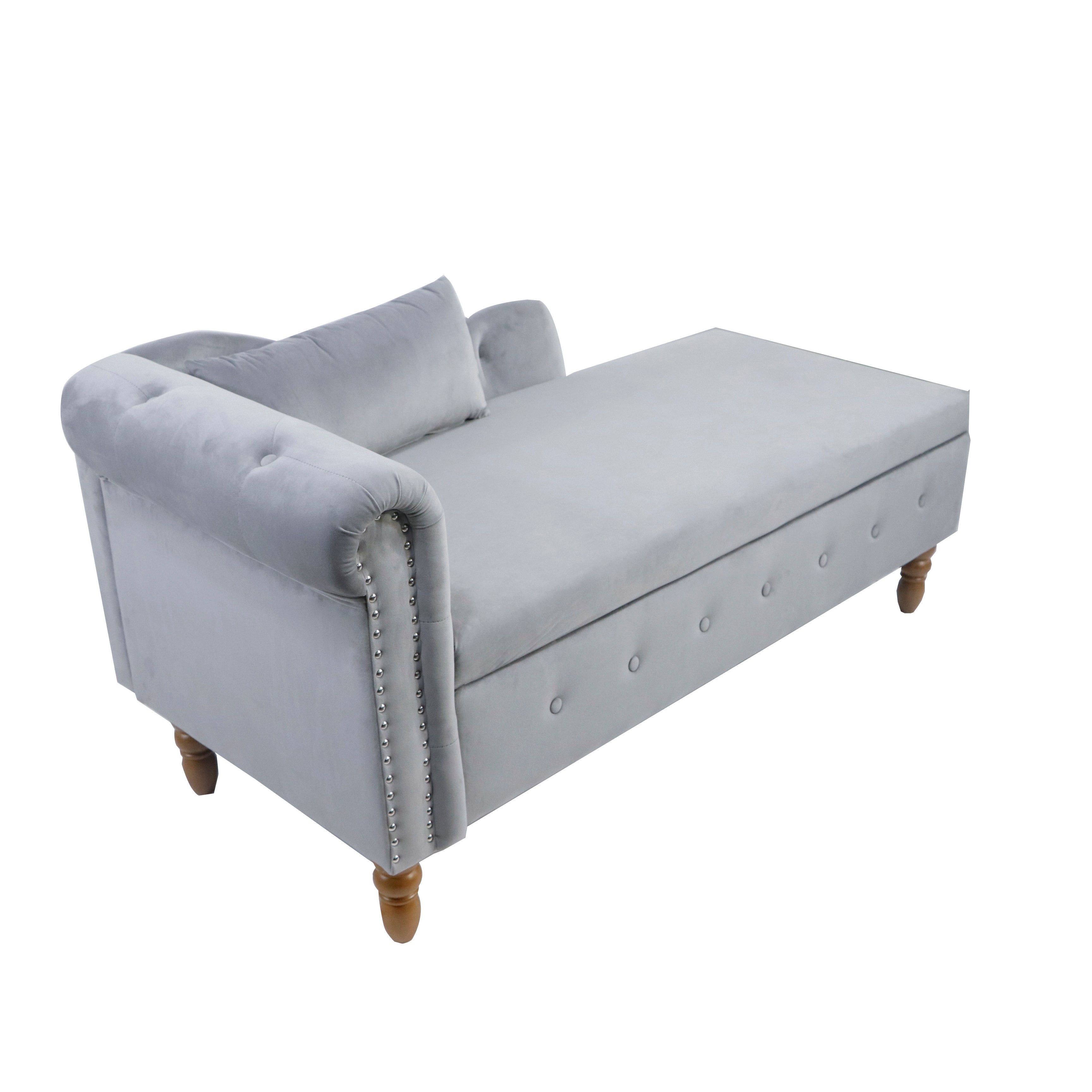 Grey Chaise Lounge Indoor Velvet Lounge Chair for Bedroom with Storage &amp; Pillow Modern Upholstered Rolled Arm Chase Lounge