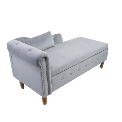 Grey Chaise Lounge Indoor Velvet Lounge Chair for Bedroom with Storage &amp; Pillow Modern Upholstered Rolled Arm Chase Lounge