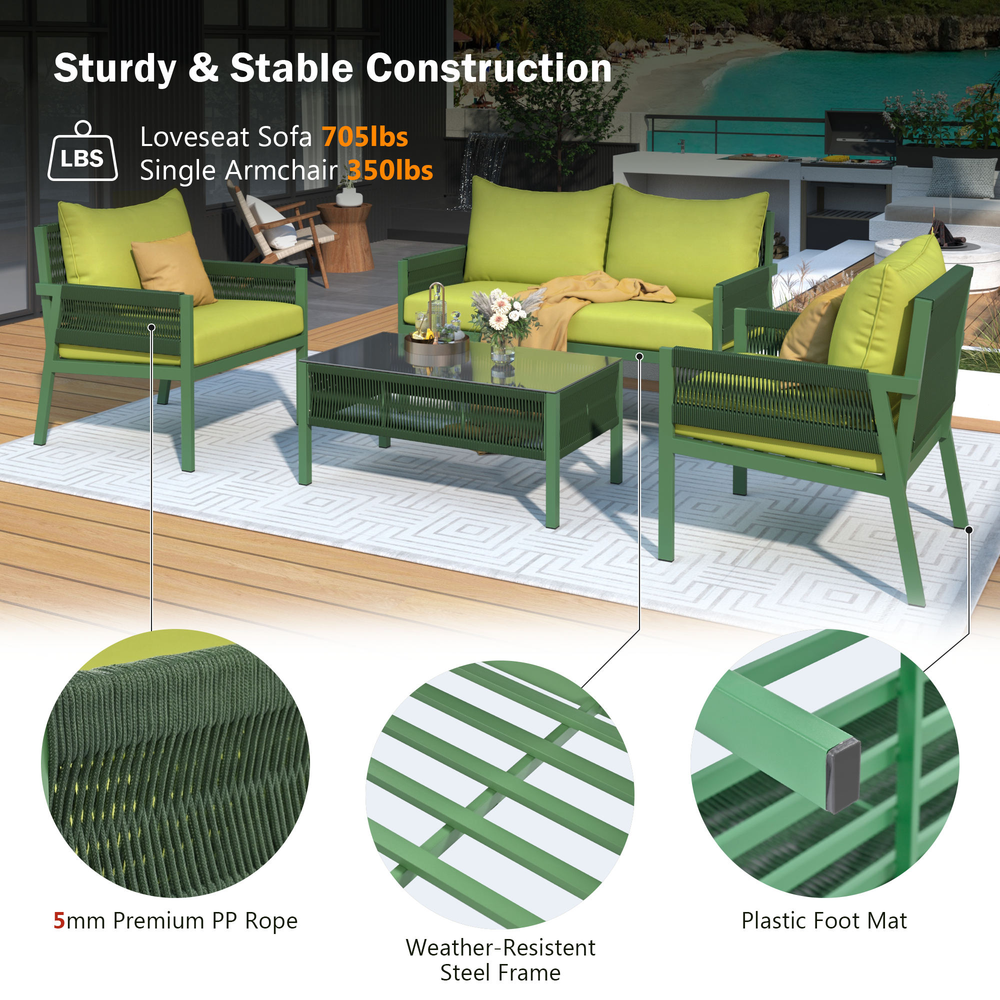 Outdoor Furniture with Tempered Glass Table,  Set Deep Seating with Thick Cushion  (Fluorescent Yellow &amp; Green)