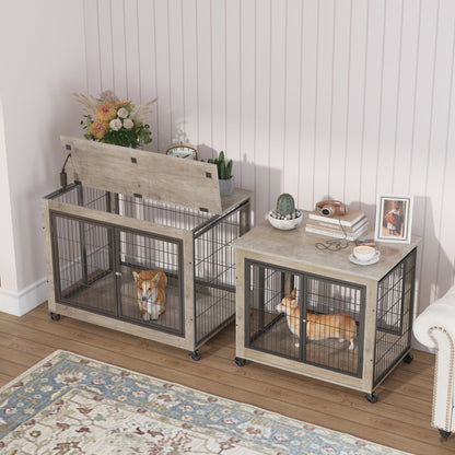 Furniture Style Dog Crate Side Table on Wheels with Double Doors and Lift Top.Grey,38.58&