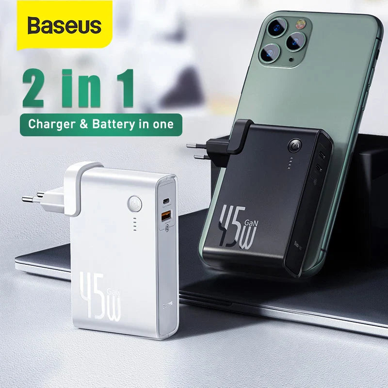 Baseus GaN Power Bank Charger 10000mAh 45W USB C PD Fast Charging 2 in 1 Charger &amp; Battery as One ForiP 11 Pro Laptop ForXiaomi