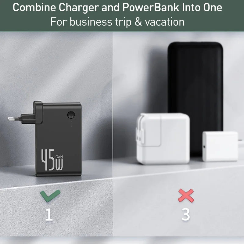 Baseus GaN Power Bank Charger 10000mAh 45W USB C PD Fast Charging 2 in 1 Charger &amp; Battery as One ForiP 11 Pro Laptop ForXiaomi