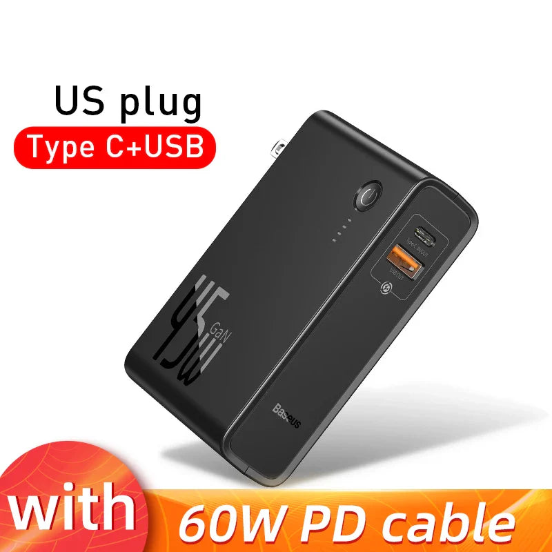 Baseus GaN Power Bank Charger 10000mAh 45W USB C PD Fast Charging 2 in 1 Charger &amp; Battery as One ForiP 11 Pro Laptop ForXiaomi