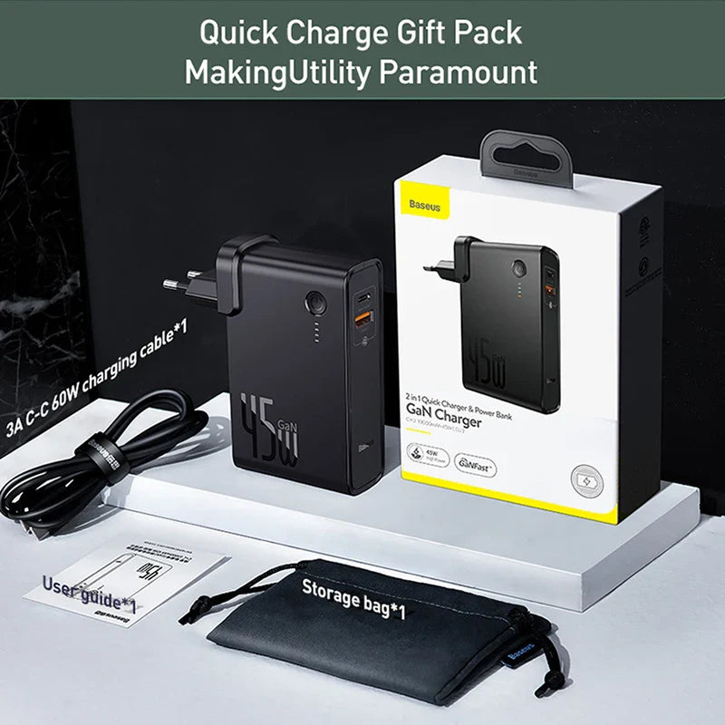 Baseus GaN Power Bank Charger 10000mAh 45W USB C PD Fast Charging 2 in 1 Charger &amp; Battery as One ForiP 11 Pro Laptop ForXiaomi