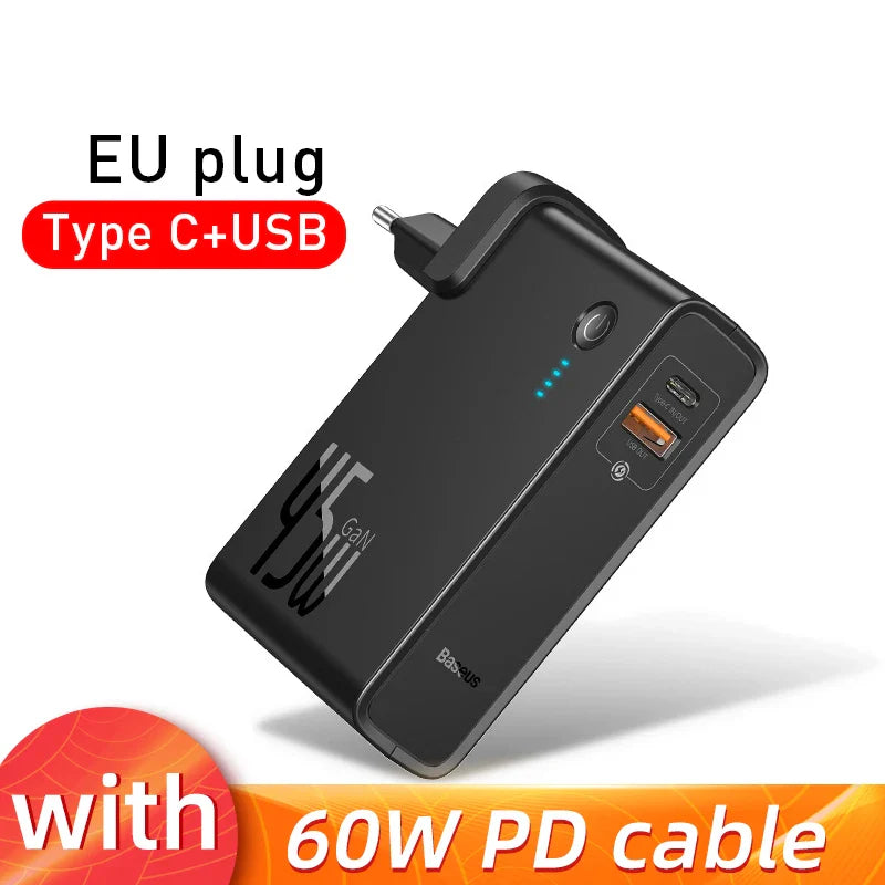 Baseus GaN Power Bank Charger 10000mAh 45W USB C PD Fast Charging 2 in 1 Charger &amp; Battery as One ForiP 11 Pro Laptop ForXiaomi