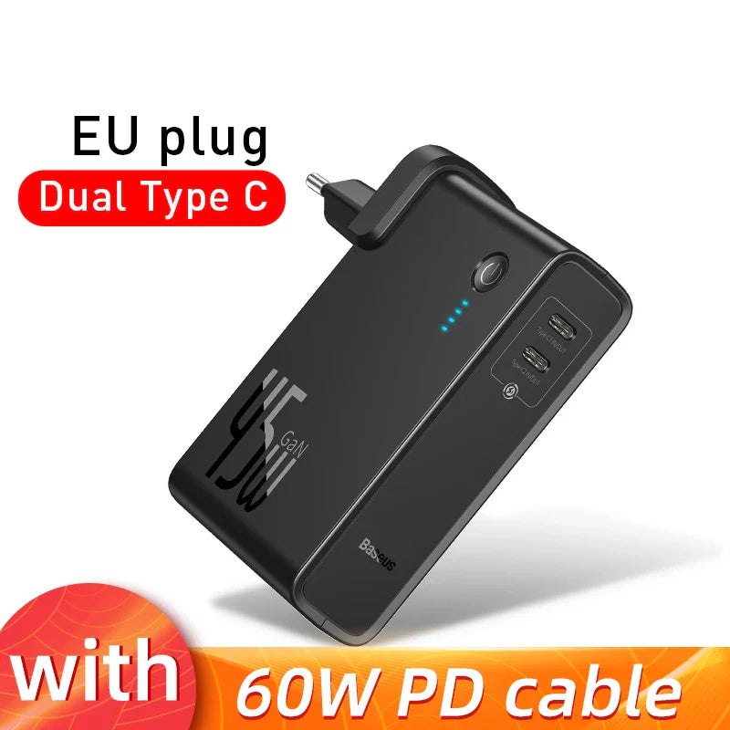 Baseus GaN Power Bank Charger 10000mAh 45W USB C PD Fast Charging 2 in 1 Charger &amp; Battery as One ForiP 11 Pro Laptop ForXiaomi