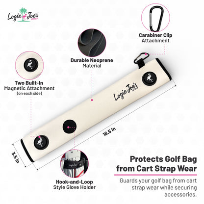 White Magnetic Golf Cart Strap Sleeve | Neoprene Rubber | Dual Accessory Magnets | Glove Holder | Carabiner Bag Attachment | 18.5 x 3.5 in | White