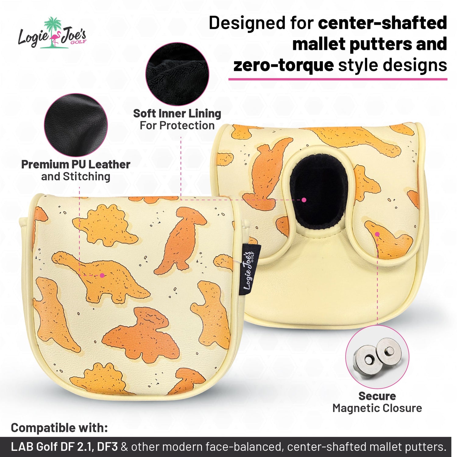 Dino Nugget Center-Shafted Mallet Putter Headcover | Premium Magnetic Golf Head Cover | Soft Protective Lining | Fits Center-Shafted &amp; Zero-Torque Style Putters