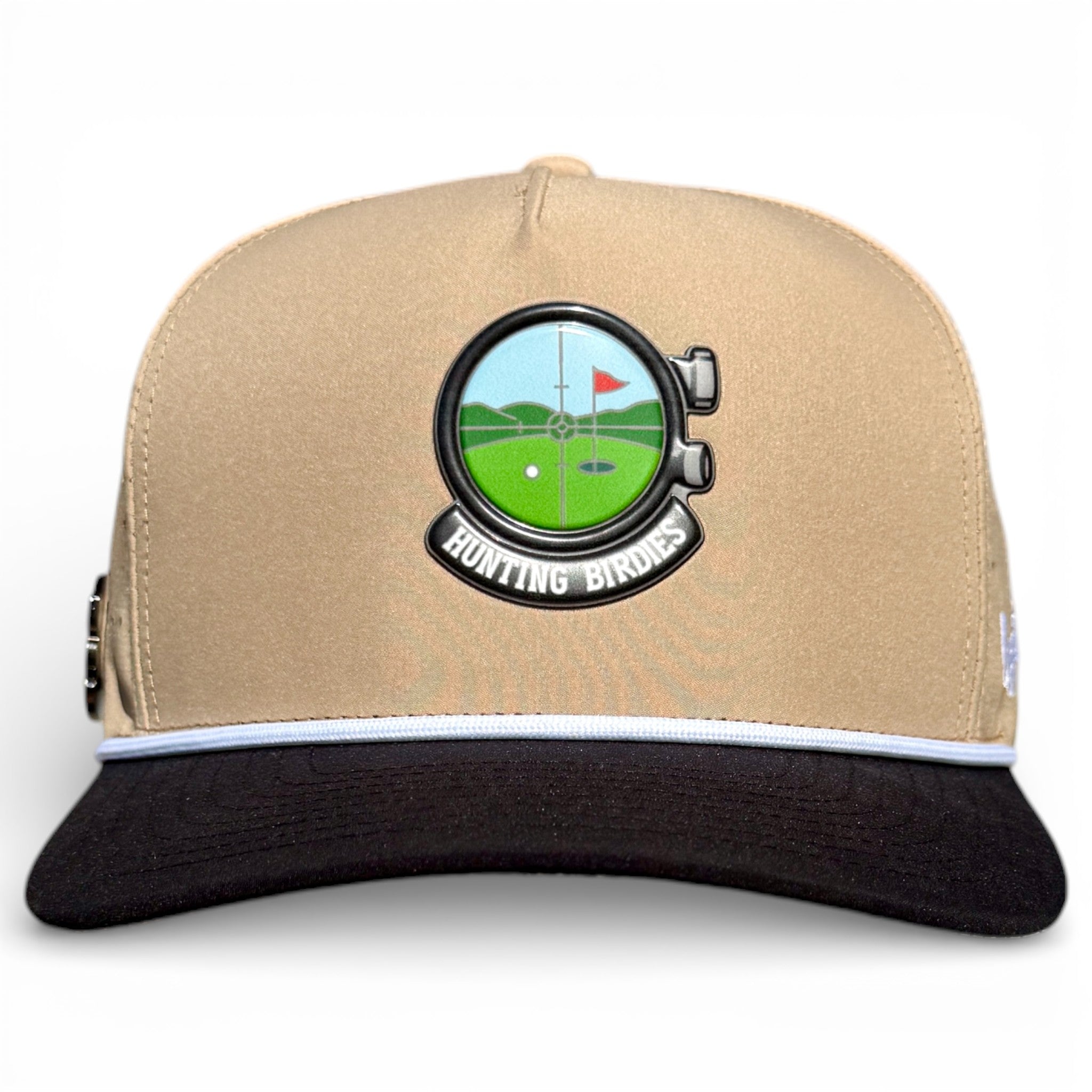 Hunting Birdies Golf Hat | Snapback Cap | Built-in Magnetic Ball Marker Holder + Marker Included | Adjustable Tan &amp; Black