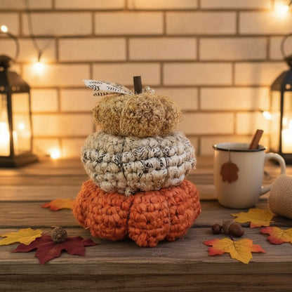 Stacked Textured Pumpkins Crochet Pattern (Easy) | Fall Home Decor with Sari Silk &amp; Banana Fiber