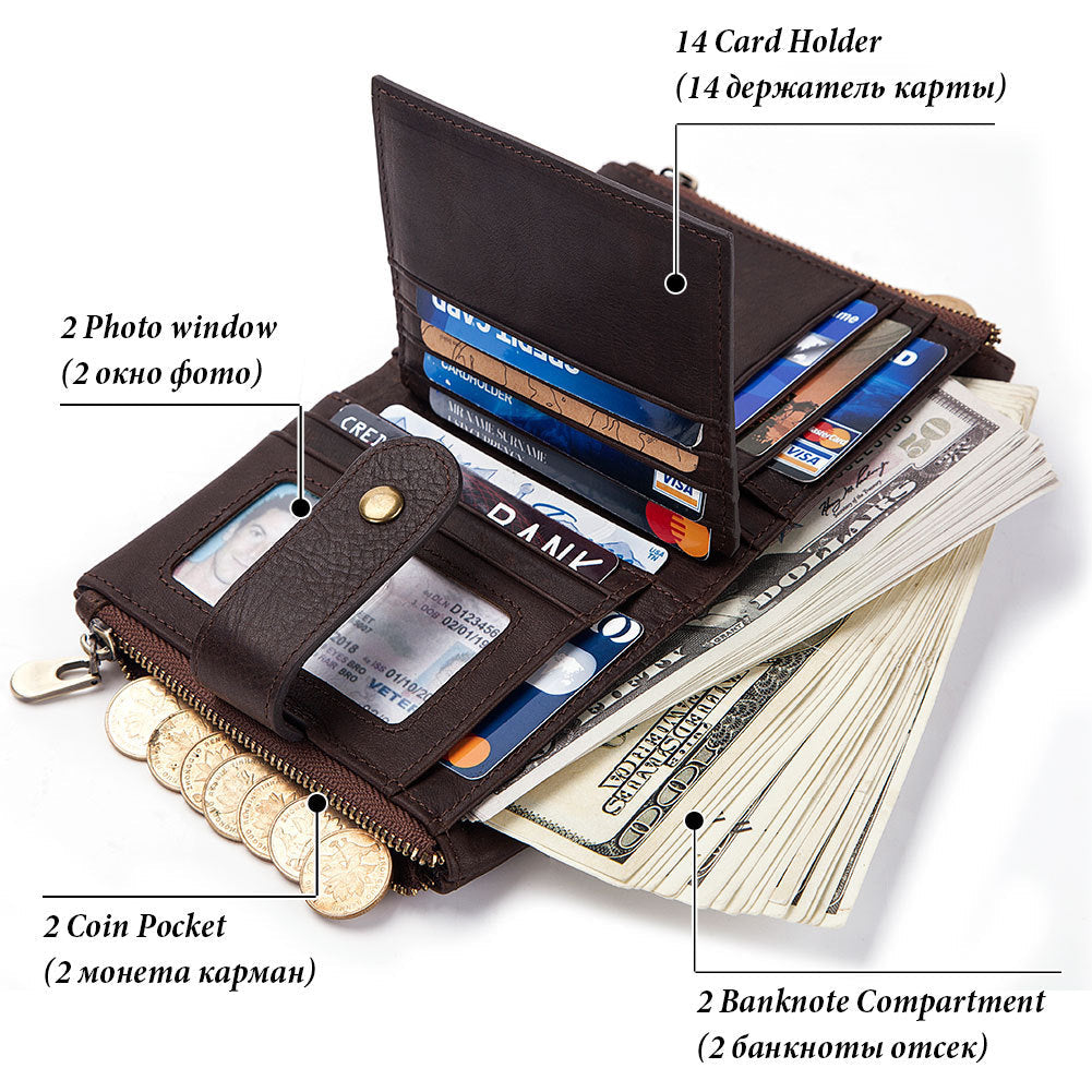 Anti-Theft Brush Wallet Leather Bag Multi-Function Buckle Zipper Retro Crazy Horse Cowhide Men&