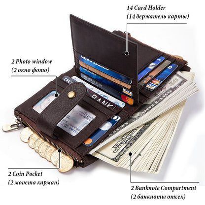 Anti-Theft Brush Wallet Leather Bag Multi-Function Buckle Zipper Retro Crazy Horse Cowhide Men&