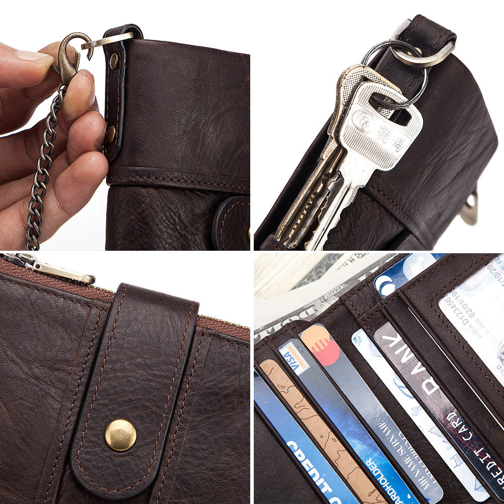 Anti-Theft Brush Wallet Leather Bag Multi-Function Buckle Zipper Retro Crazy Horse Cowhide Men&