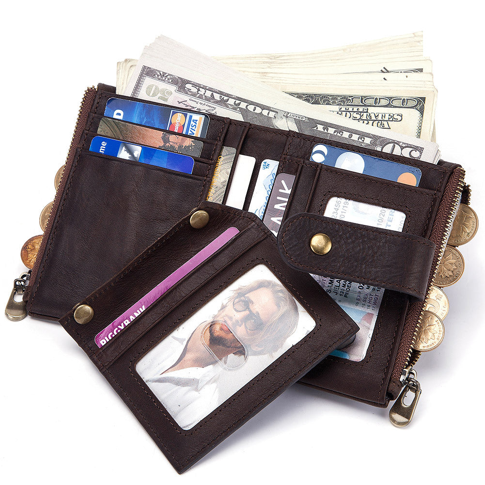 Anti-Theft Brush Wallet Leather Bag Multi-Function Buckle Zipper Retro Crazy Horse Cowhide Men&