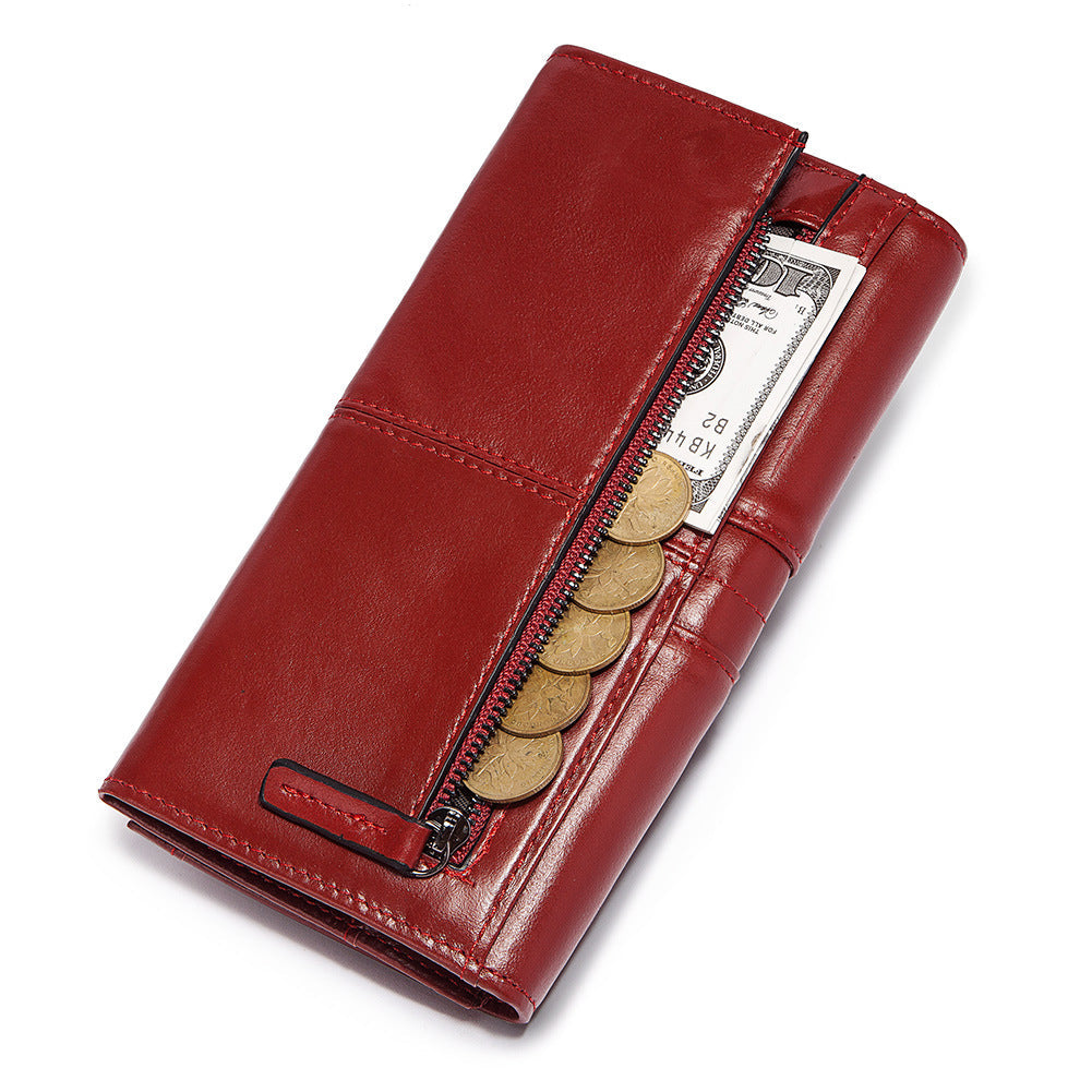 Anti-Theft Brushed Genuine Leather Ladies Wallet Top Layer Cowhide Long Women&