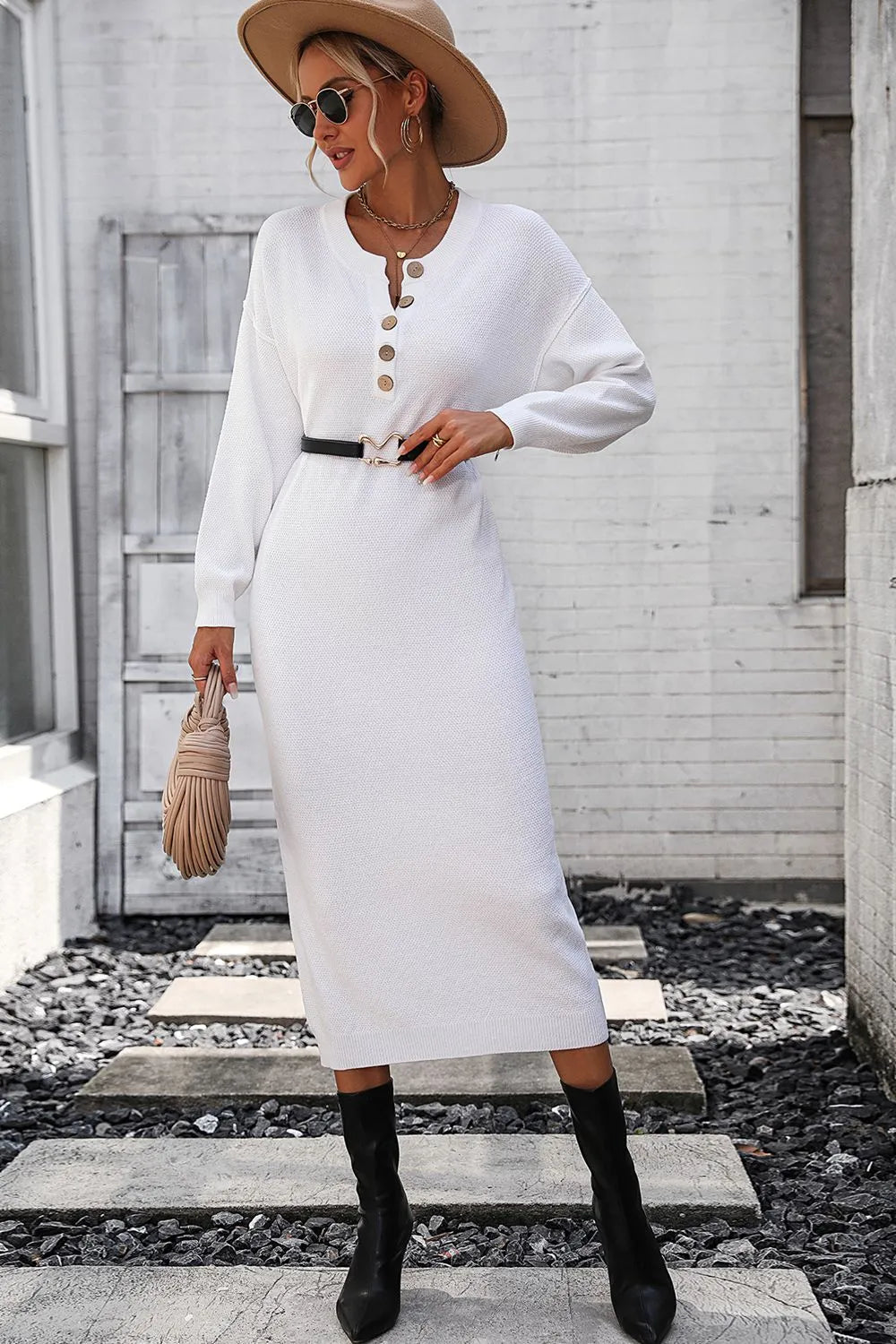 Button knit sweater dress fashionable temperament commuting women&