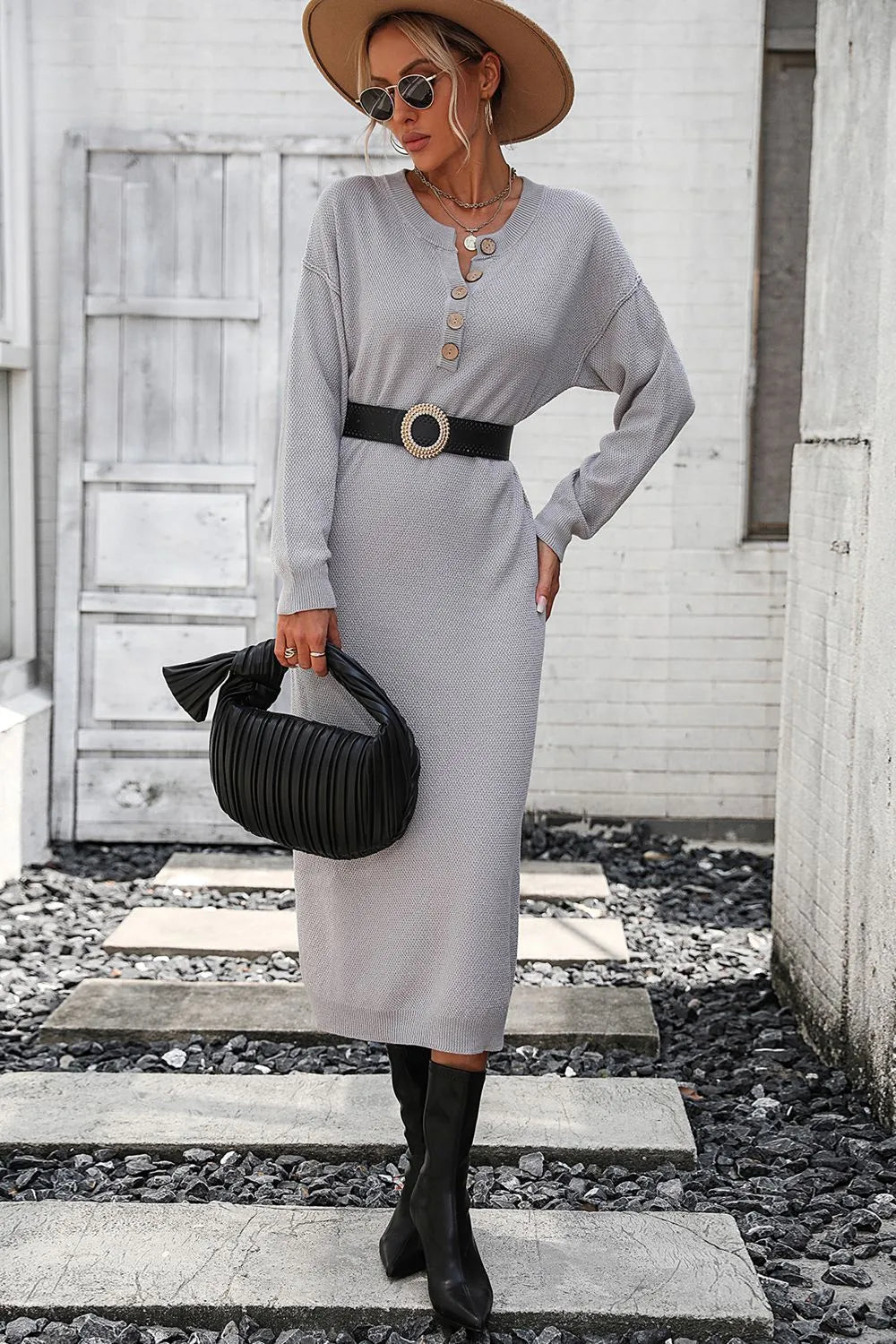 Button knit sweater dress fashionable temperament commuting women&