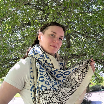 Wild Indigo Bloom – Hand Block Print Cotton Scarf, Oversized Boho Wrap &amp; Lightweight Sarong