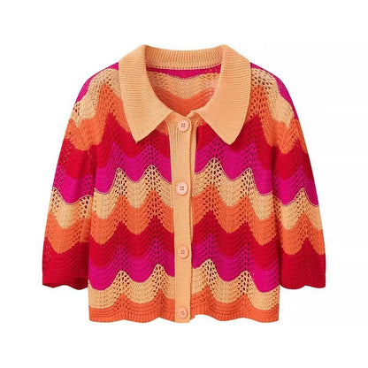 Collar striped contrasting knit shirt+half skirt set