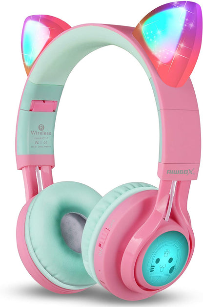 CT-7 Cat Ear Kids Bluetooth Headphones, LED Light up Bluetooth Wireless over Ear Headphones with Microphone and Volume Control for Travel/School/Smartphones/Laptop/Pc/Tv (Pink&amp;Green)