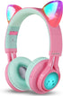 CT-7 Cat Ear Kids Bluetooth Headphones, LED Light up Bluetooth Wireless over Ear Headphones with Microphone and Volume Control for Travel/School/Smartphones/Laptop/Pc/Tv (Pink&Green)