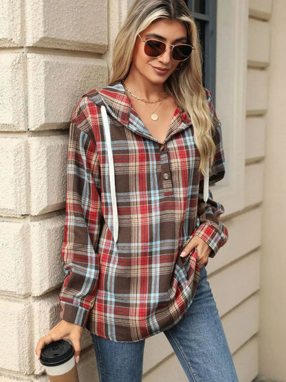 Drawstring Plaid Hooded Long Sleeve Top