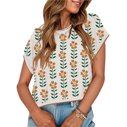 European and American round neck knitted small flower top