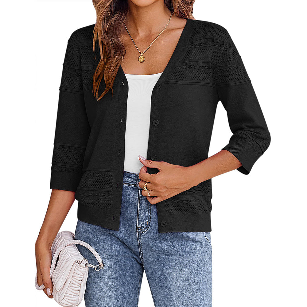 European and American shawl hollow knitted V-neck cardigan