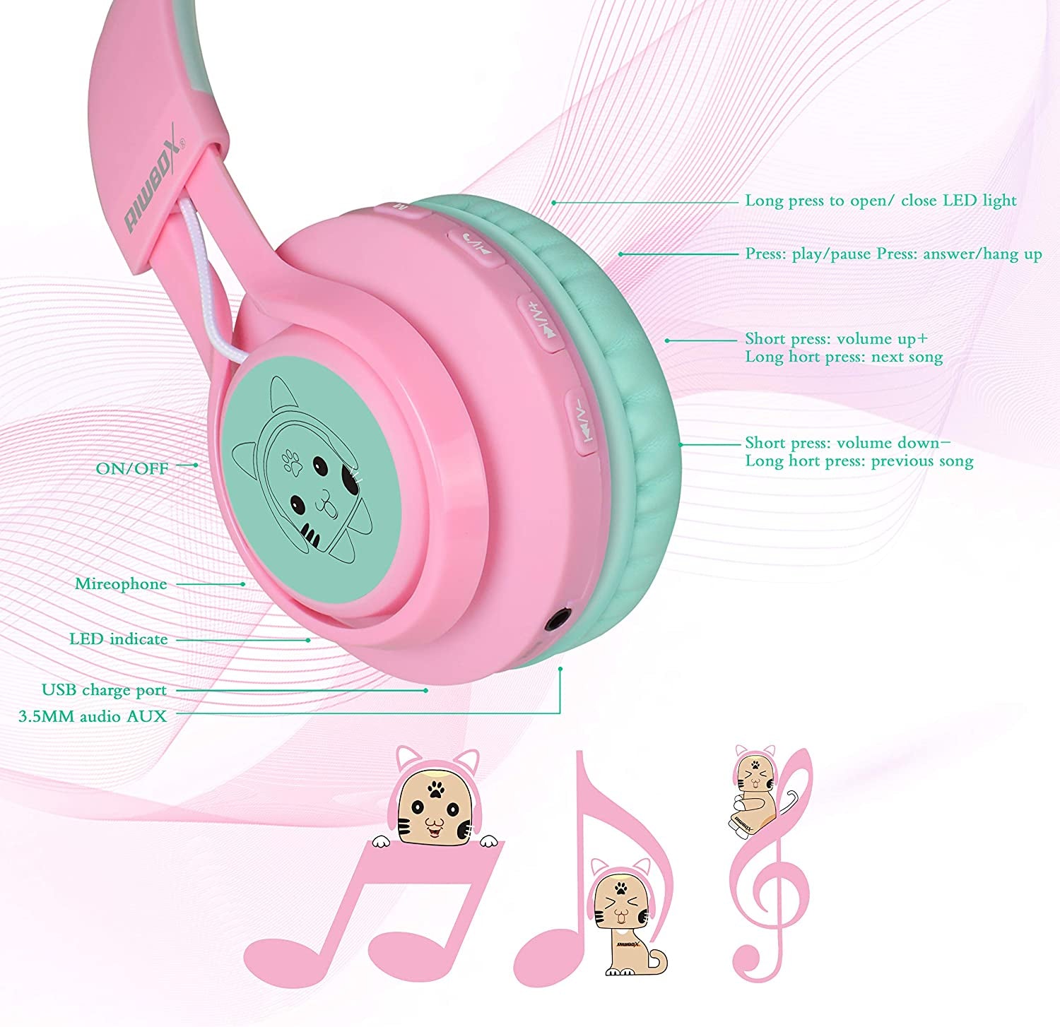 CT-7 Cat Ear Kids Bluetooth Headphones, LED Light up Bluetooth Wireless over Ear Headphones with Microphone and Volume Control for Travel/School/Smartphones/Laptop/Pc/Tv (Pink&amp;Green)
