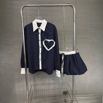 Fashion contrasting polo collar heart striped shirt top women&