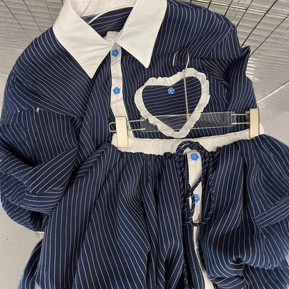 Fashion contrasting polo collar heart striped shirt top women&