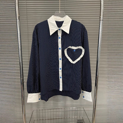 Fashion contrasting polo collar heart striped shirt top women&
