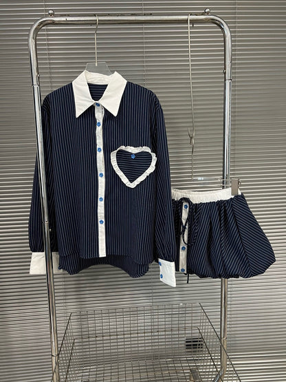 Fashion contrasting polo collar heart striped shirt top women&