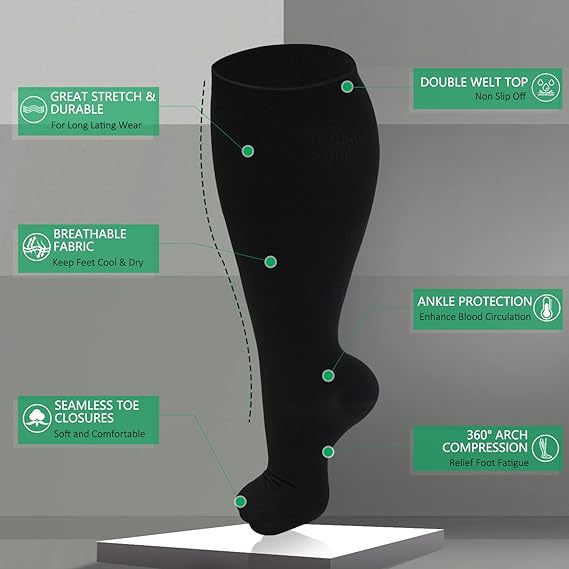 Fat and enlarged black fat compression socks super wide calf and knee length socks men&