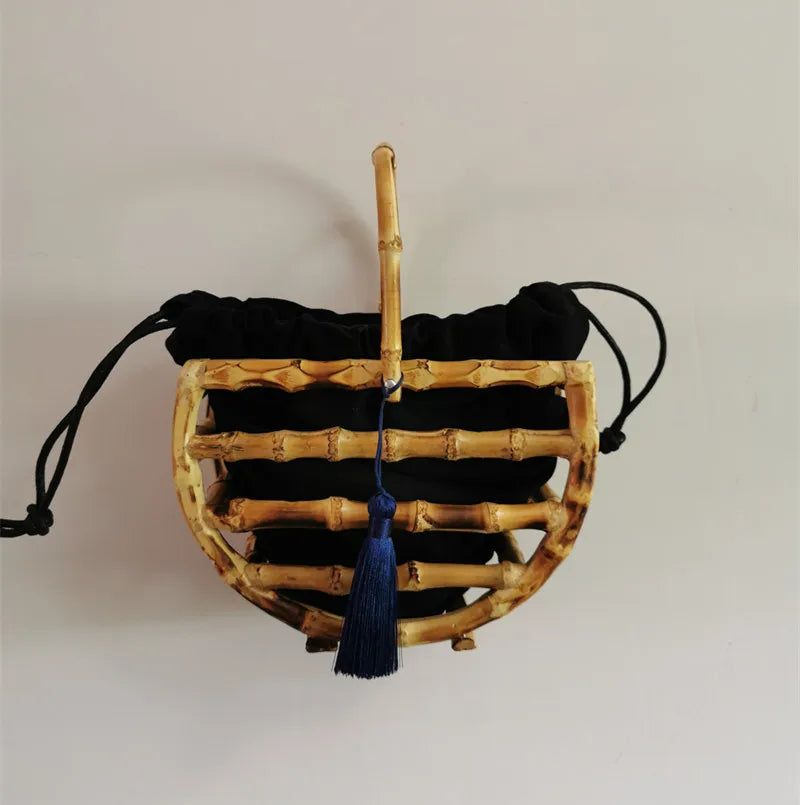 Handmade tassel bamboo knot bag water bucket bag semi-circular bamboo basket handbag for women