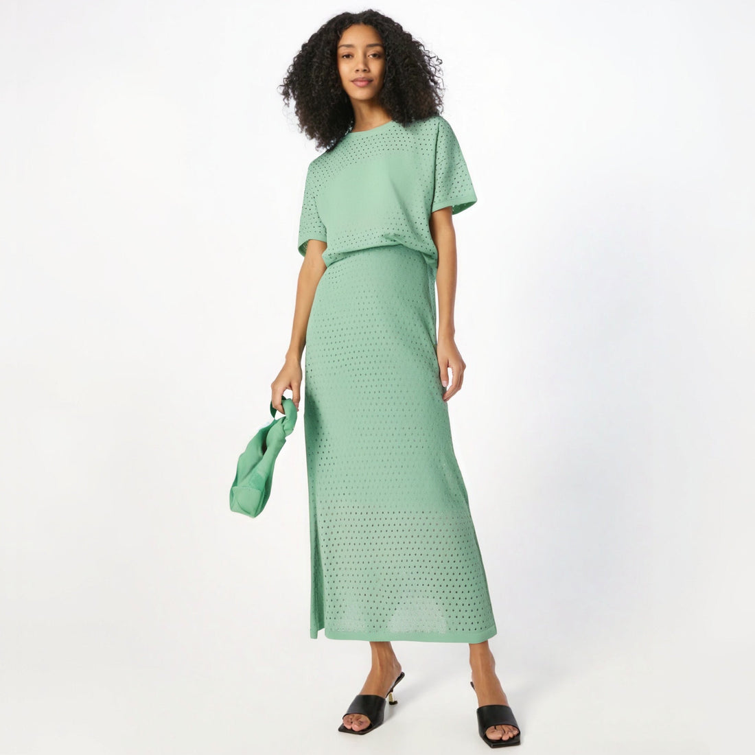 Hollow out short sleeved knitted top half skirt two-piece set women&