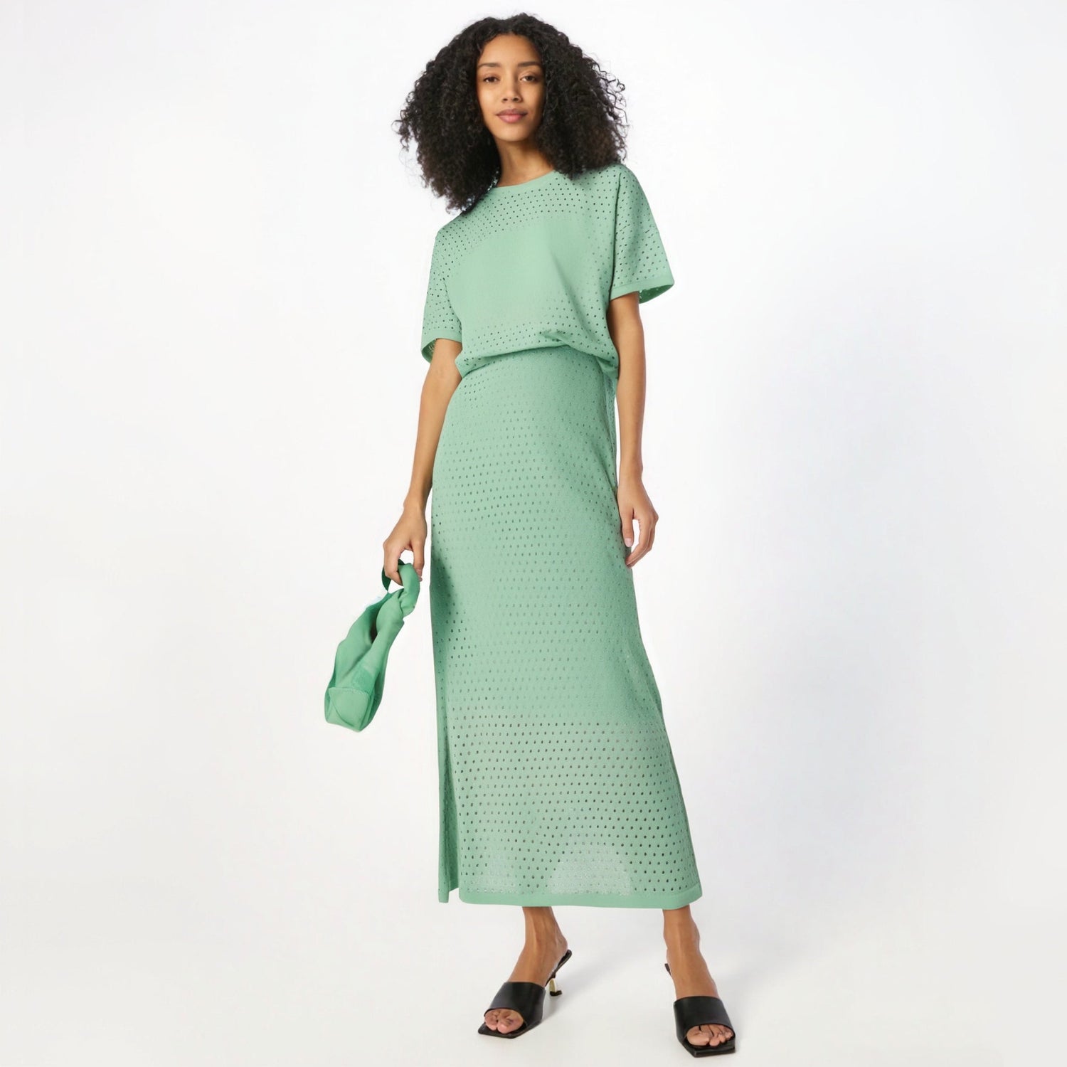 Hollow out short sleeved knitted top half skirt two-piece set women&
