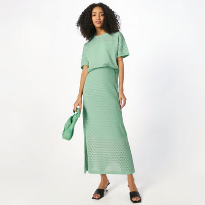 Hollow out short sleeved knitted top half skirt two-piece set women&