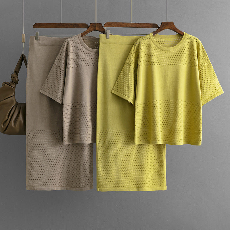 Hollow out short sleeved knitted top half skirt two-piece set women&